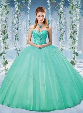 Discount Taffeta Beaded Puffy Skirt Classic Quinceanera Dresses in Turquois