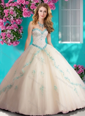 Elegant Beaded and Applique Tulle Quinceanera Dress in Champagne