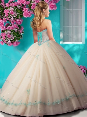 Elegant Beaded and Applique Tulle Quinceanera Dress in Champagne