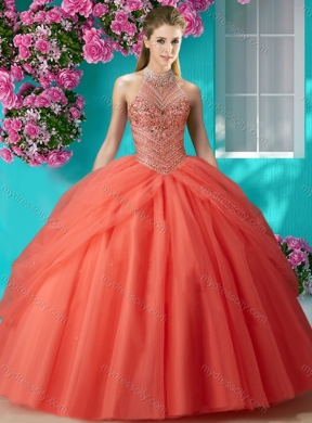 Elegant Halter Top Beaded and Applique Quinceanera Dress in Orange Red