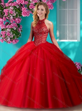 Elegant Halter Top Beaded and Applique Quinceanera Dress in Orange Red