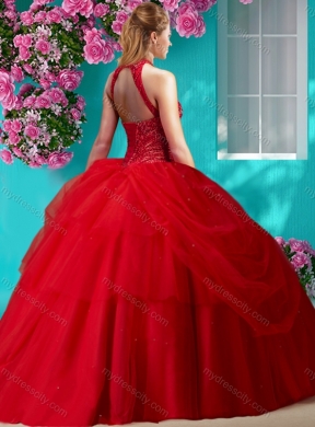 Elegant Halter Top Beaded and Applique Quinceanera Dress in Orange Red