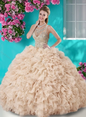 Gorgeous See Through Beaded Scoop  Best Quinceanera Dresses in Champagne