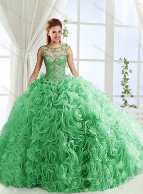 Luxurious See Through Scoop Green Detachable Quinceanera Skirts with Brush Train