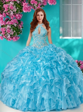 Pretty Beaded and Ruffled Big Puffy Best Quinceanera Dresses with Halter Top