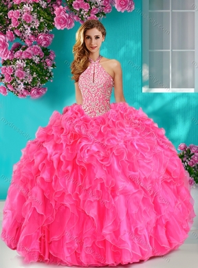 Pretty Beaded and Ruffled Big Puffy Best Quinceanera Dresses with Halter Top