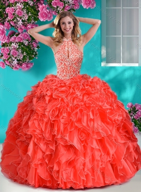 Pretty Beaded and Ruffled Big Puffy Best Quinceanera Dresses with Halter Top