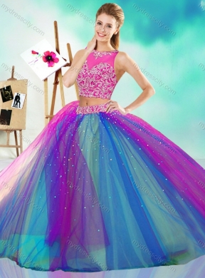 Rainbow Colored Big Puffy Detachable Quinceanera Dress with See Through