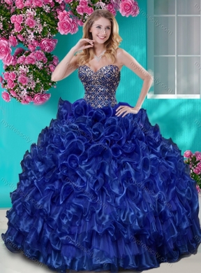 Really Puffy Ruffled and Rhinestoned Quinceanera Dress with Blue Beading