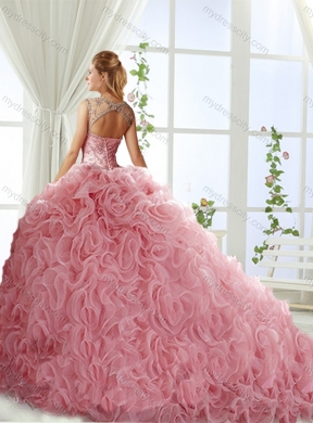 See Through Beaded Scoop Detachable Quinceanera Dresses with Rolling Flower