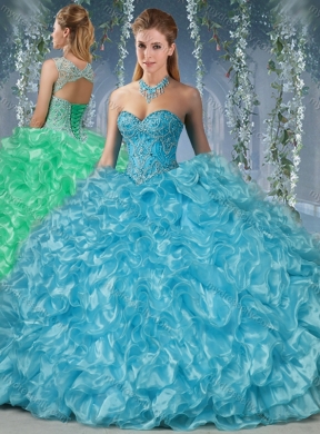 Gorgeous Beaded and Ruffled Big Puffy Quinceanera Dress in Aqua Blue