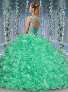 Gorgeous Beaded and Ruffled Big Puffy Quinceanera Dress in Aqua Blue