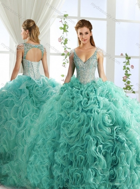 Sexy Deep V Neck Mint Pretty  Quinceanera Dresses with Beading and Appliques