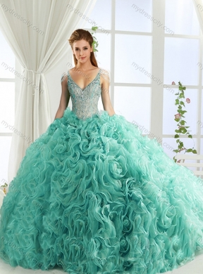 Sexy Deep V Neck Mint Pretty  Quinceanera Dresses with Beading and Appliques