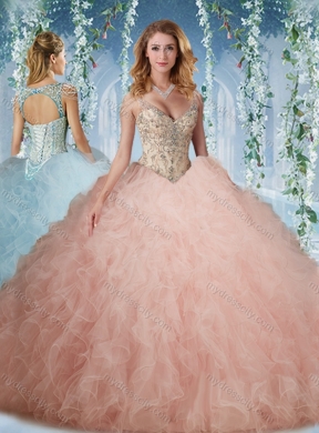 Exclusive Deep V Neck Peach Pretty Quinceanera Dresses With Beading and Ruffles