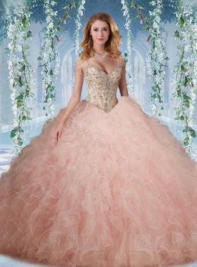 Exclusive Deep V Neck Peach Pretty Quinceanera Dresses With Beading and Ruffles