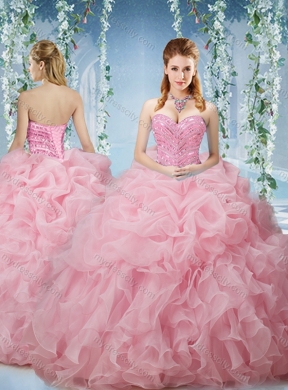 Lovely Baby Pink Brush Train Pretty Quinceanera Dresses Beaded and Ruffled