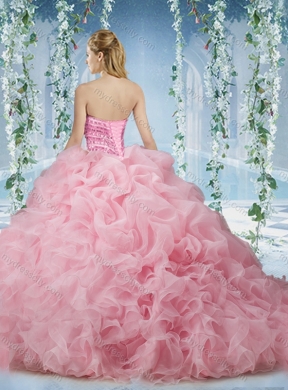 Lovely Baby Pink Brush Train Pretty Quinceanera Dresses Beaded and Ruffled