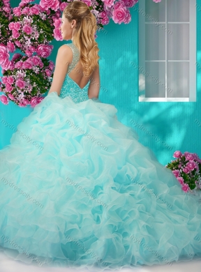 Lovely Beaded and Ruffled Big Puffy Pretty Quinceanera Dress with See Through Scoop