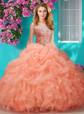 Lovely Beaded and Ruffled Big Puffy Pretty Quinceanera Dress with See Through Scoop