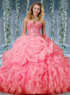 Luxurious Organza Big Puffy Watermelon Pretty Quinceanera Dress with Beading and Ruffles