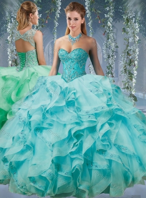 Classical Beaded and Applique Big Puffy Unique Quinceanera Dress in Aqua Blue