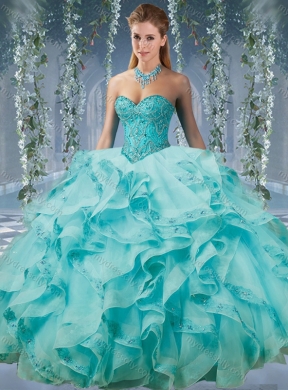 Classical Beaded and Applique Big Puffy Unique Quinceanera Dress in Aqua Blue