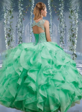 Classical Beaded and Applique Big Puffy Unique Quinceanera Dress in Aqua Blue