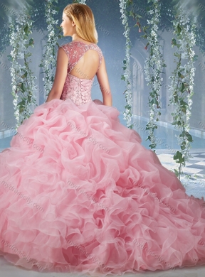 Elegant Brush Train Big Puffy Unique Quinceanera Dress with Beading and Ruffles