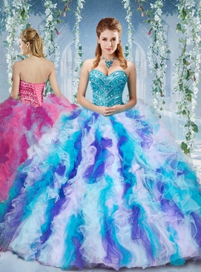 Gorgeous Rainbow Colored Big Puffy Unique Quinceanera Dress with Beading and Ruffles