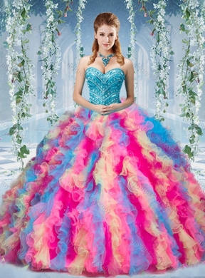 Gorgeous Rainbow Colored Big Puffy Unique Quinceanera Dress with Beading and Ruffles