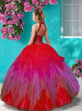 Luxurious See Through Halter Top Unique Quinceanera Dress with Beading and Appliques