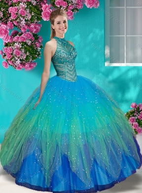 Luxurious See Through Halter Top Unique Quinceanera Dress with Beading and Appliques