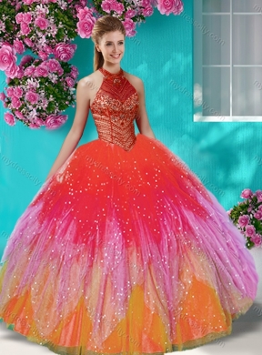 Luxurious See Through Halter Top Unique Quinceanera Dress with Beading and Appliques