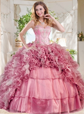 New Style Puffy Skirt Pink Pretty Quinceanera Dress with Beading and Ruffles