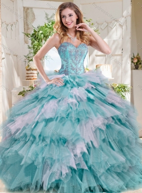 Popular Beaded and Ruffled Big Puffy Unique Quinceanera Dress in Blue and White