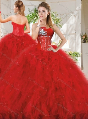 Popular Really Puffy Red Unique Quinceanera Dress with Beading and Ruffles