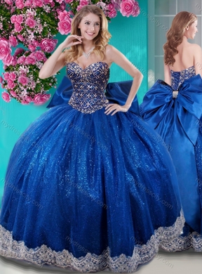 Unique Ball Gown Sequins Bowknot and Beaded Royal Blue Unique Quinceanera Dress with Sweetheart