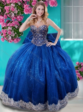 Unique Ball Gown Sequins Bowknot and Beaded Royal Blue Unique Quinceanera Dress with Sweetheart