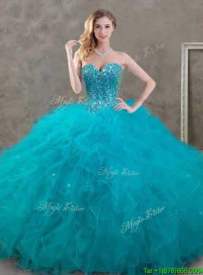 New Arrivals Beaded and Ruffled Teal Detachable Quinceanera Dresses in Organza