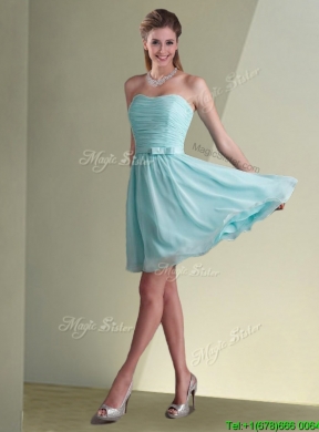 Beautiful Strapless Chiffon Short Bridesmaid Dresses with Belt and Ruching