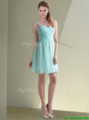 Cheap Straps Beaded and Ruched Aqua Blue Dama Dress in Chiffon