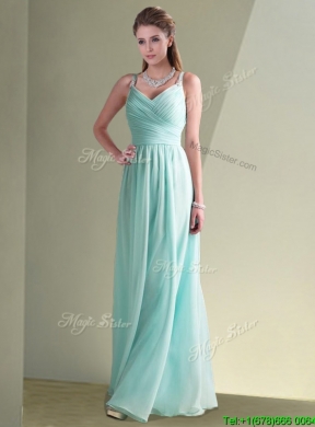 Cheap Straps Beaded and Ruched Aqua Blue Dama Dress in Chiffon