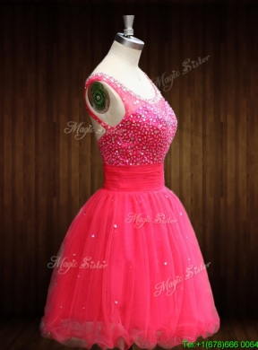 Elegant Beaded Bodice Open Back Organza Prom Dress in Coral Red