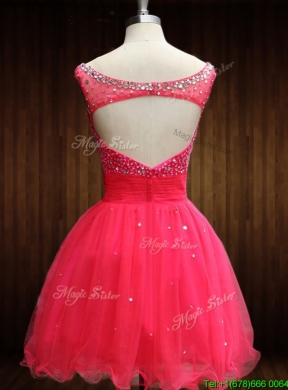 Elegant Beaded Bodice Open Back Organza Prom Dress in Coral Red