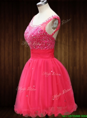 Elegant Beaded Bodice Open Back Organza Prom Dress in Coral Red