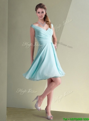 Elegant Empire Ruched Decorated Chiffon  Bridesmaid Dresses in Aqua Blue