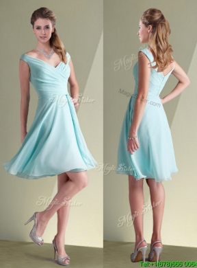 Lovely Chiffon Off the Shoulder Aqua Blue Bridesmaid Dresses with Ruching