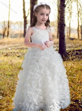 Cheap Ruffled and Bowknot White Flower Girl Dress with Straps