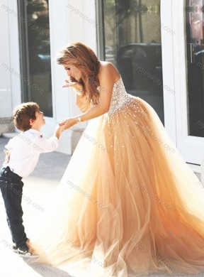 Designer Beaded Prom Dress with Brush Train and Cheap Sweetheart Little Girl Dress with Beading